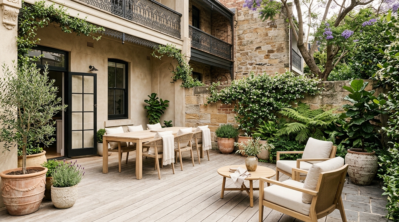 Outdoor timber deck and alfresco entertaining space of a Sydney terrace house styled by Studio Leafi