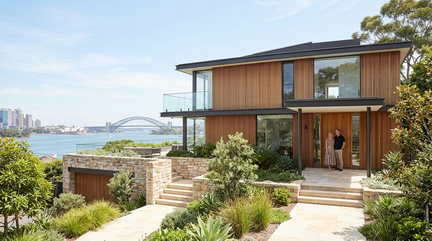 Real estate professionals collaborating on property presentation outside a styled residence with Studio Leafi