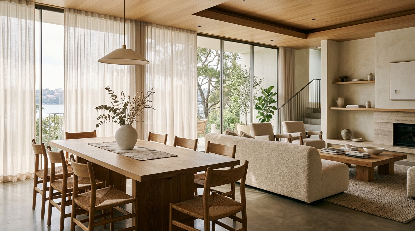Refined open-plan dining and living space styled with natural textures and contemporary furniture by Studio Leafi