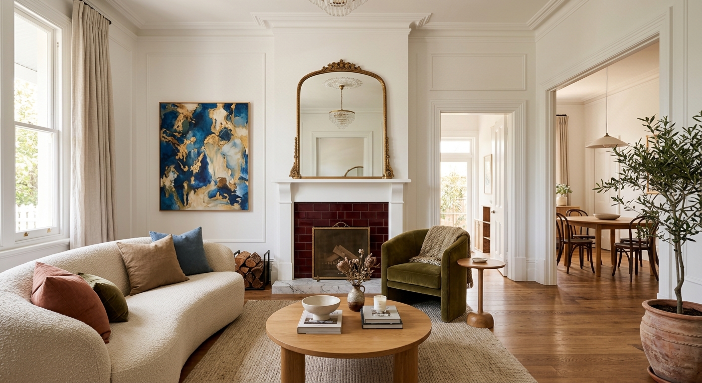 Spacious Australian living room showcasing photorealistic designer-led virtual staging by Studio Leafi